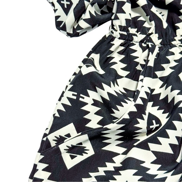 Pink Rose Aztec Boho Mini Dress Black White Elastic Waist Size L Southwest Artsy - Picture 8 of 13